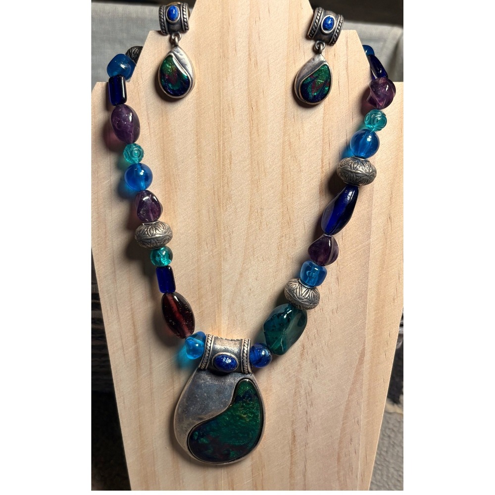 Chico's Beaded Pendant Necklace Earring Set Womens OS Blue Green Good Statement
